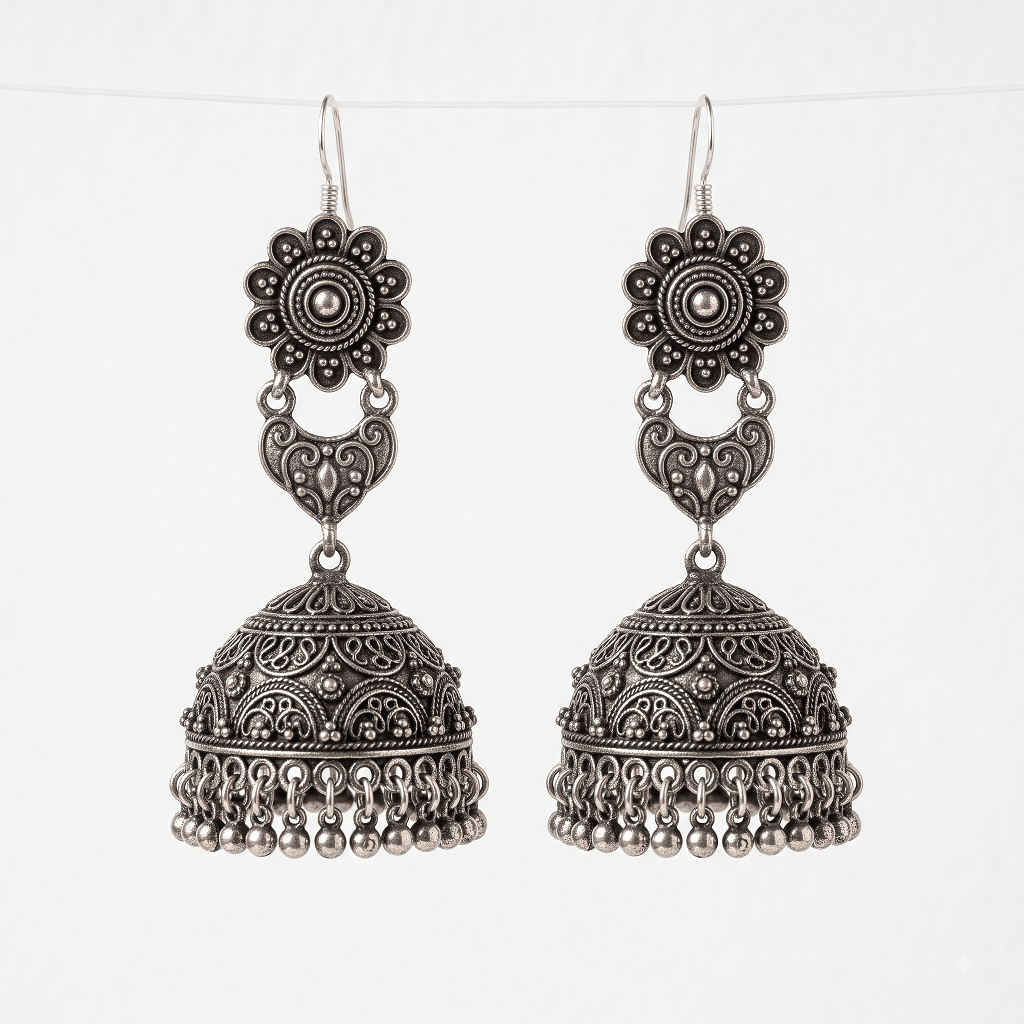Handcrafted Oxidised Silver-Look Jhumka